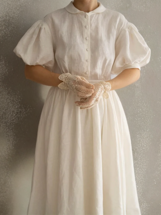 Alouette - Vintage-Inspired Maxi Dress with Puff Sleeves and Pleats in Linen and Cotton