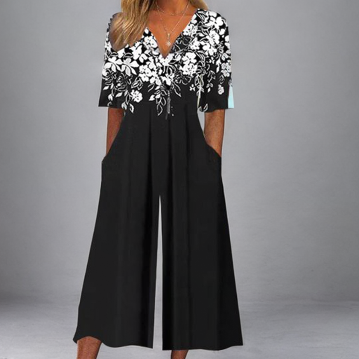 Lysandra - Black Floral Half-Sleeve Jumpsuit