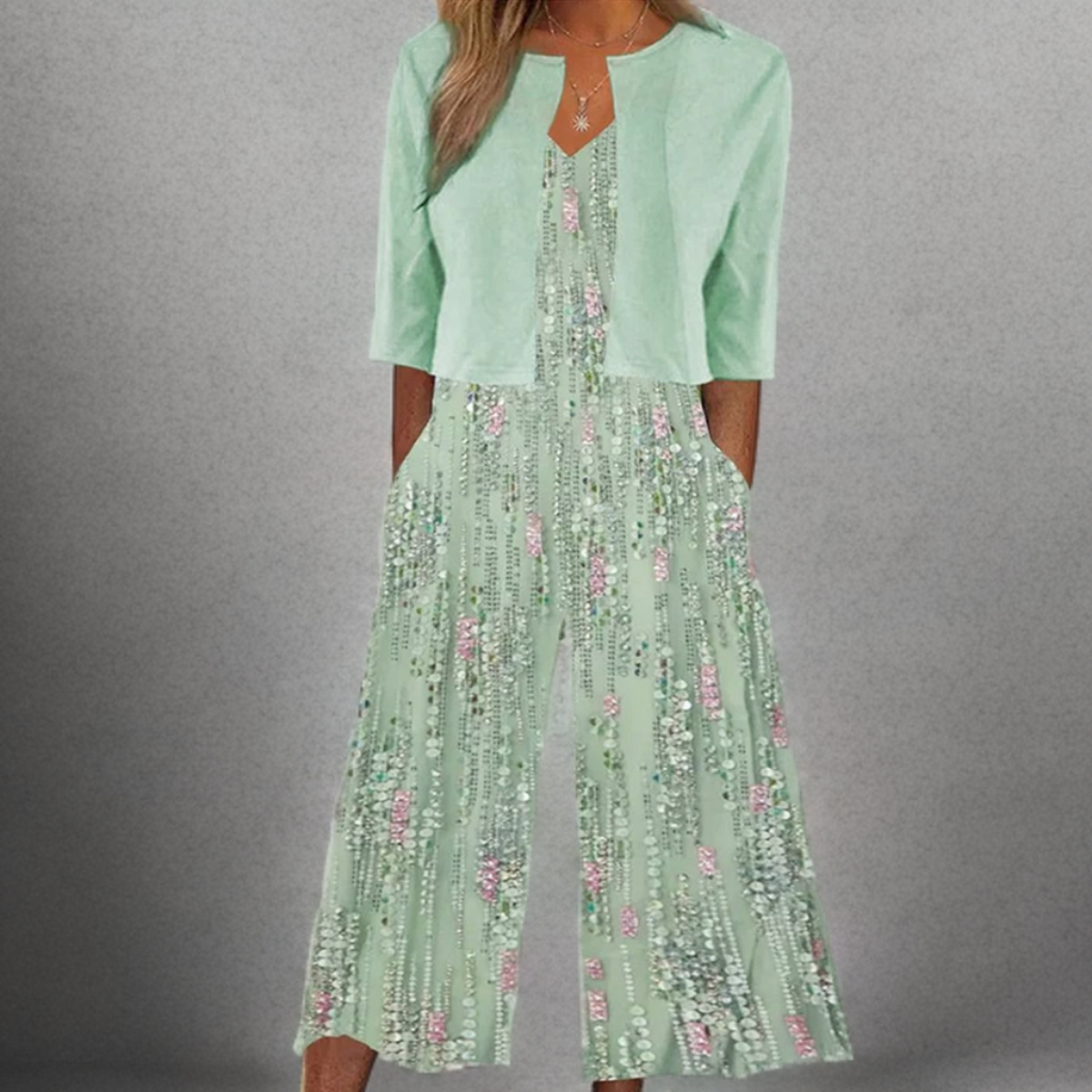 Hanni - Youthful Green Jumpsuit with V-Neck and Attached Cardigan