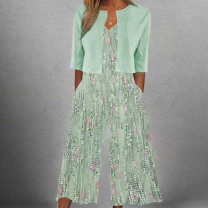 Hanni - Youthful Green Jumpsuit with V-Neck and Attached Cardigan