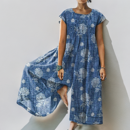 Celandine - Elegant Blue Floral Wide-Leg Jumpsuit