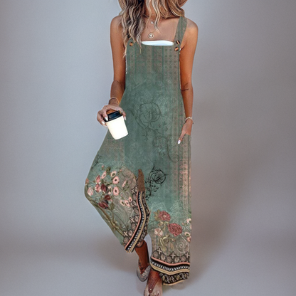 Amelka - Green Sleeveless Jumpsuit with Floral Print