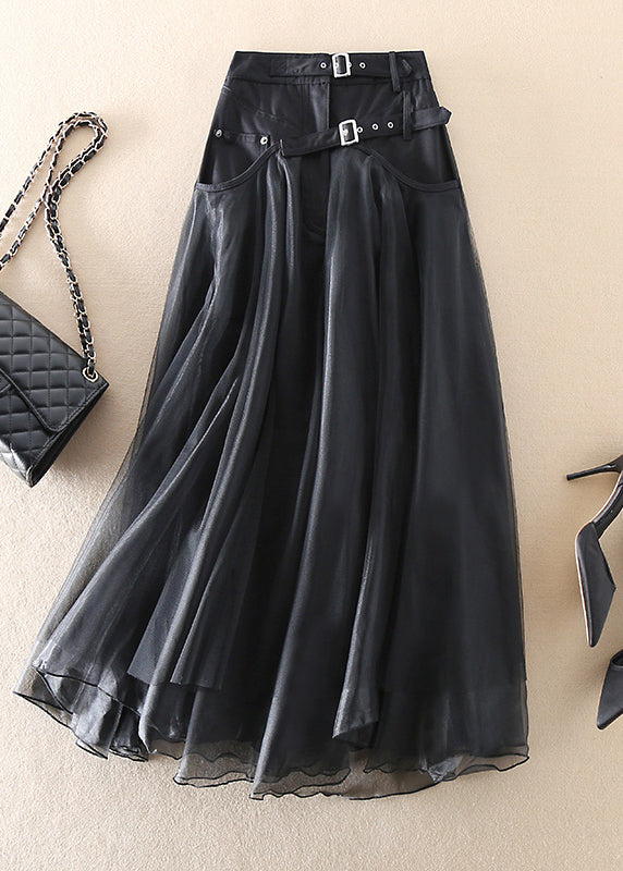 Tulle-Blend Maxi Skirt - Patchwork Layers & Belted Waist