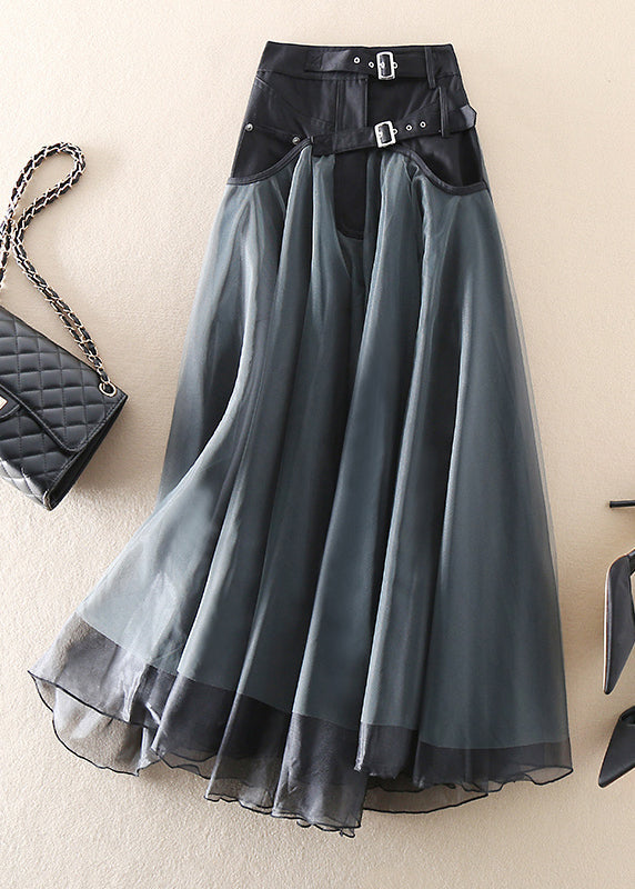 Tulle-Blend Maxi Skirt - Patchwork Layers & Belted Waist