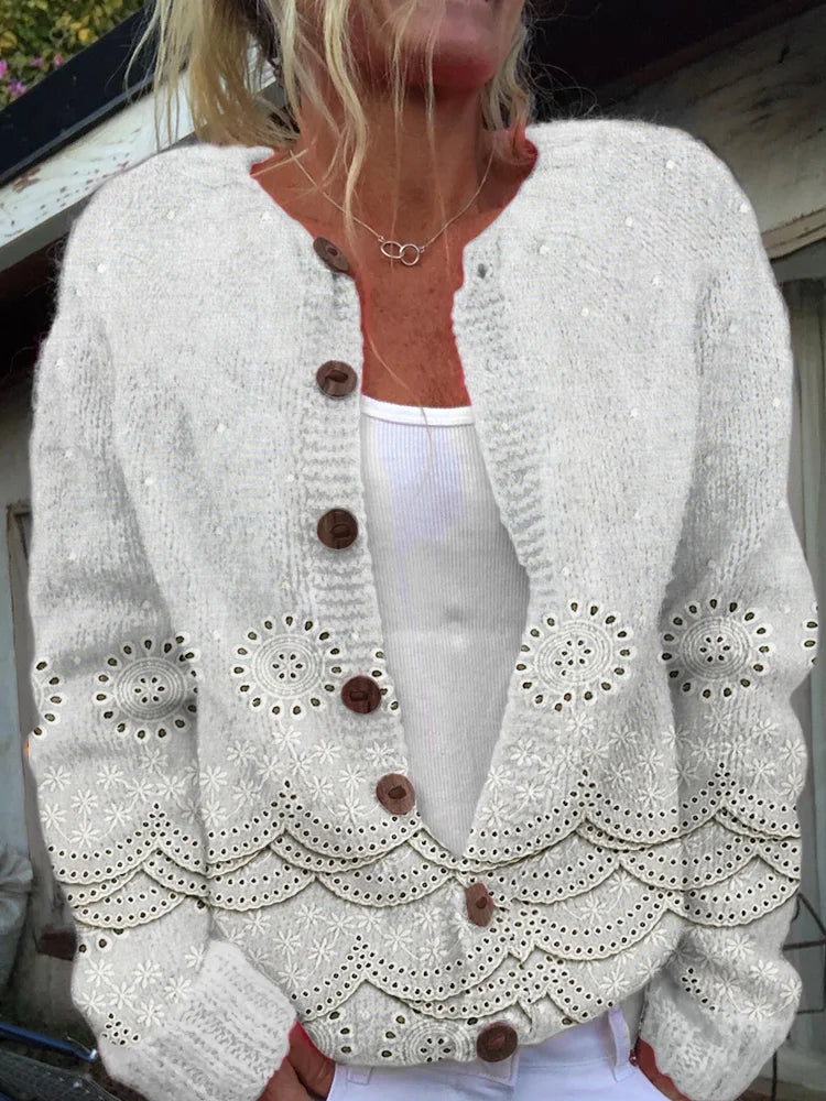 Retro Floral Lace Knit Cardigan with Embroidery