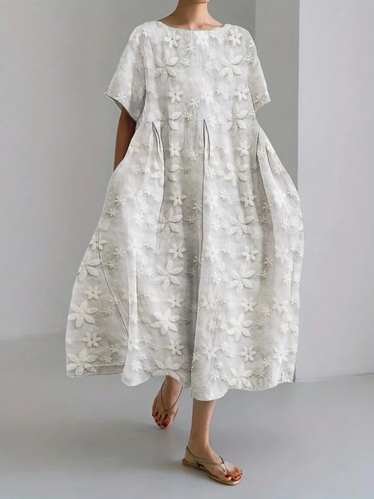 Embroidered Floral Lace Linen Blend Long Maxi Dress