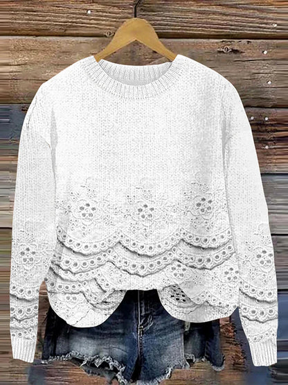 Floral Embroidered Knit Crew Neck Sweater with Vintage Charm