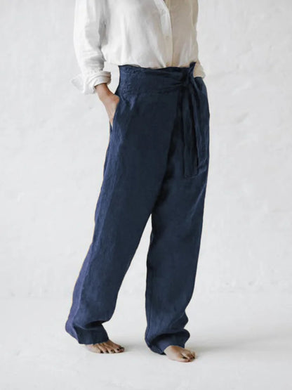 Linen Blend Casual Wide Leg Trousers