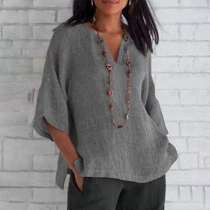 Relaxed Fit V-Neck Solid Color Cotton Linen Blouse