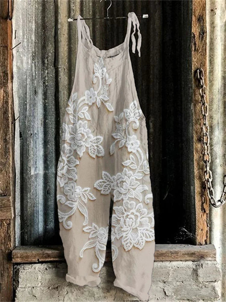 Retro Floral Lace-Trimmed Linen Blend Jumpsuit