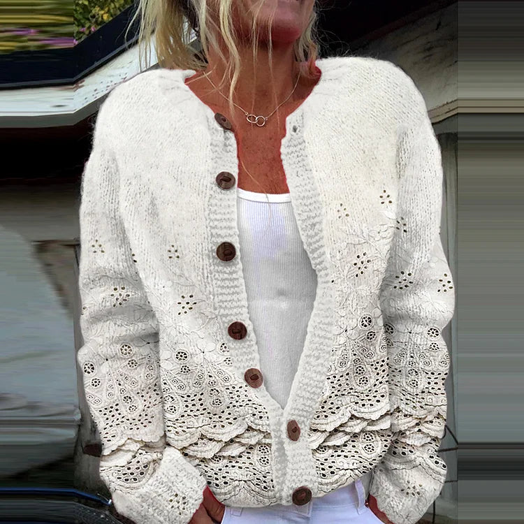 Retro Floral Lace Knitted Cardigan with Embroidery for Women