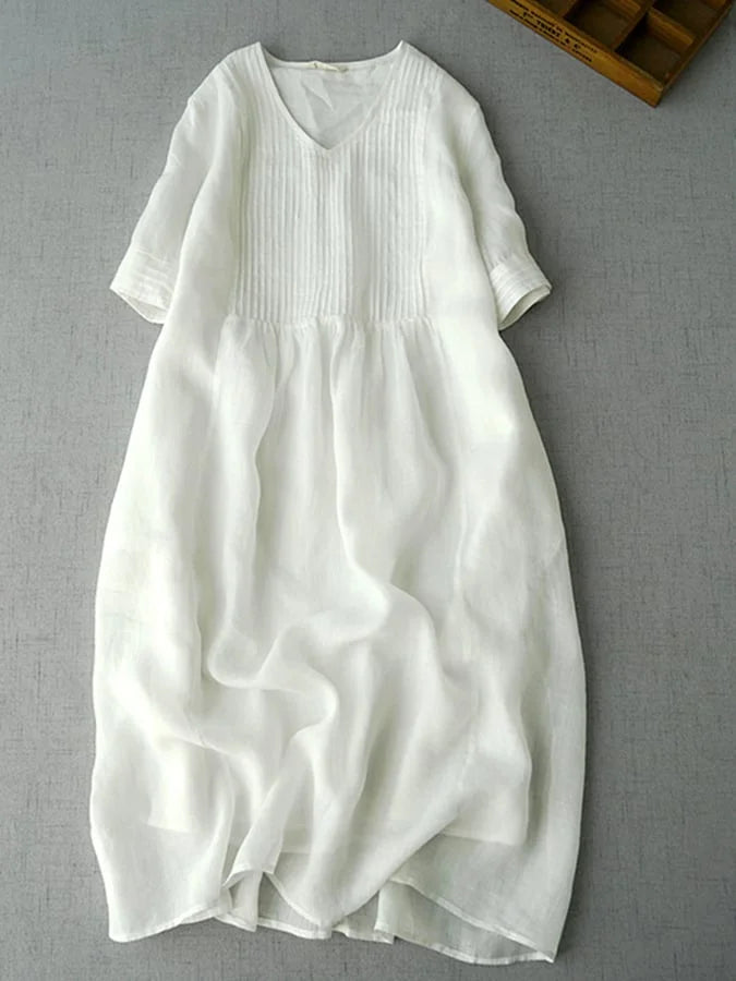 Chic A-Line V Neck Cotton Linen Dress with Pleats