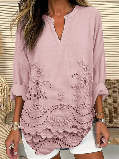 Floral Lace Trim Linen Blend Cottage Tunic