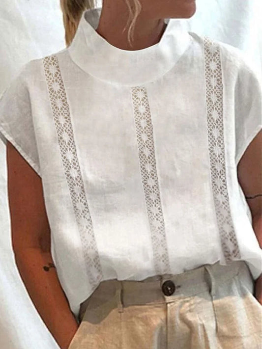 Elegant Cotton-Linen Blouse for Women with Lace and Stitching - Effortless Sophistication