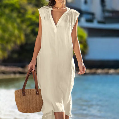 Viviette - Sleeveless Cotton-Linen Dress with V-Neck and Fitted Waist