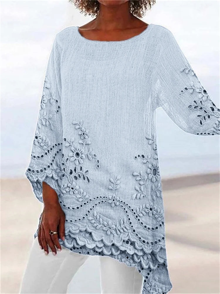 Charming Floral Lace Trimmed Linen Blend Flowy Tunic