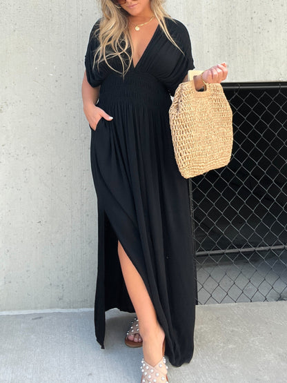 Chic V-Neck Maxi Dress with Slit for Effortless Glamour