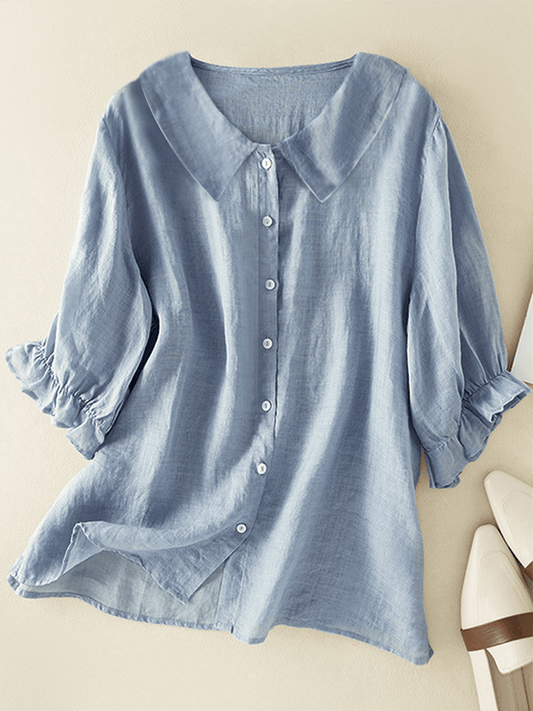 Casual Loose-Fit Solid Color Lapel Shirt with Three-Quarter Sleeves