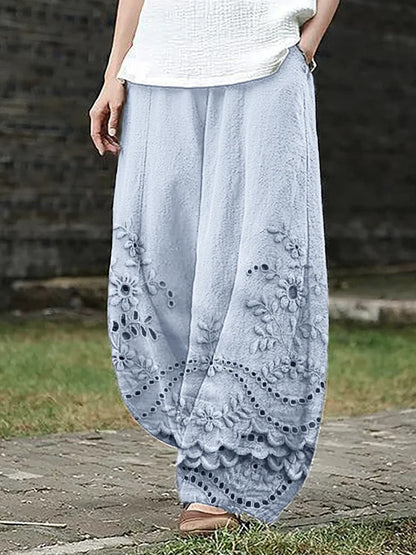 Bohemian Embroidered Lace Trim Wide Leg Trousers