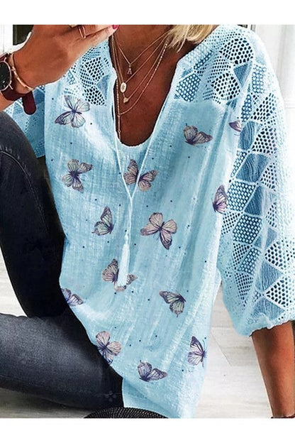 Long Sleeve Blouse with Butterfly Print and Fringe V-Neck - Effortless Summer Charm