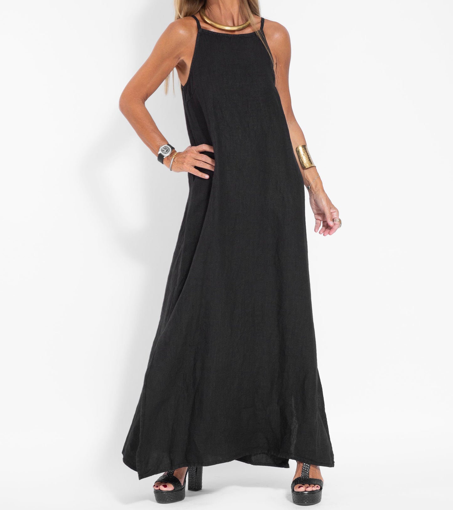 Stylish Sleeveless Cotton Linen Maxi Dress in Solid Colors