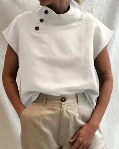 High-Collar Button-Up Blouse - Modern Minimalist Chic