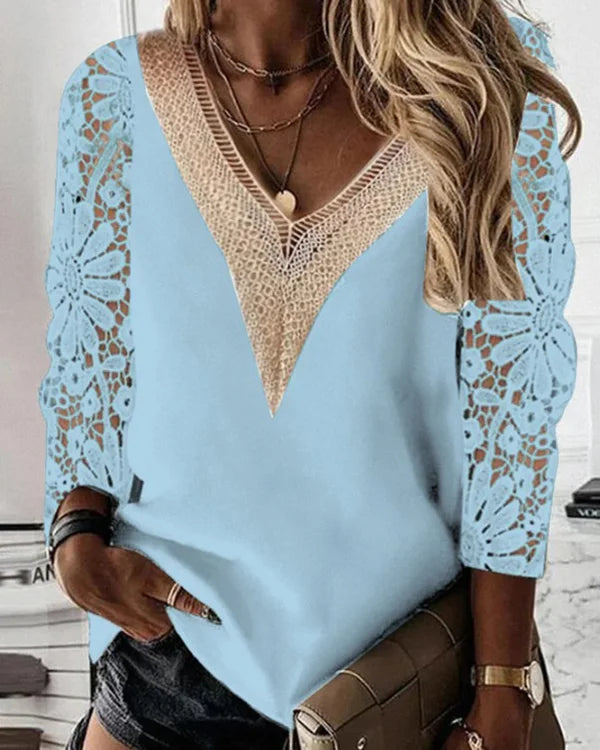 Chic Chiffon Top with Sheer Lace - Effortless Elegance