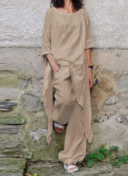 Relaxed Cotton and Linen Jumpsuit with Asymmetrical 3/4 Sleeves