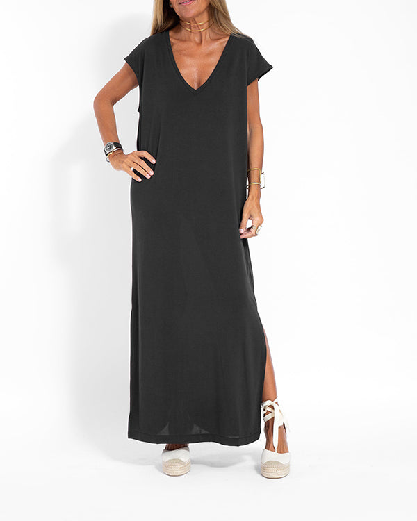 Sophisticated Women's Loose Maxi Dress with Short Sleeves