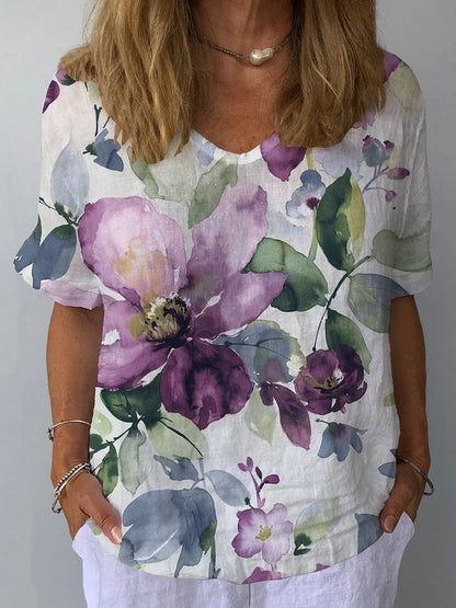 Vintage-Inspired Floral V-Neck Cotton & Linen Women's Top