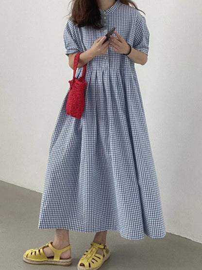 Plaid Cotton-Linen Dress: Effortless Comfort with Long Sleeves