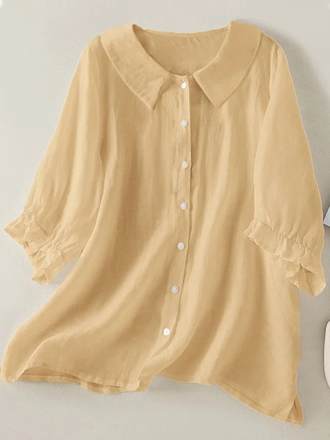 Casual Loose-Fit Solid Color Lapel Shirt with Three-Quarter Sleeves