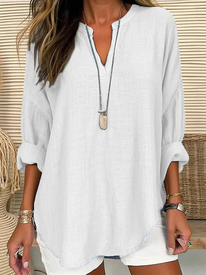 Long-Sleeve Cotton Beach Shirt with Round Neckline: Relaxed Fit