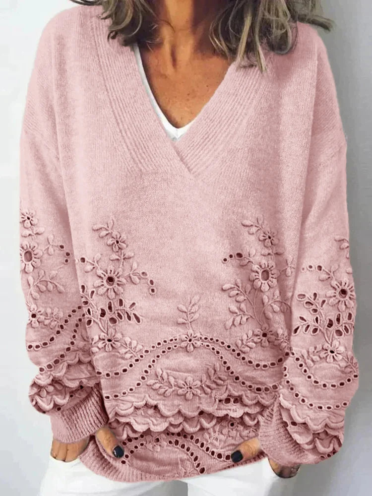 Charming Floral Lace V Neck Knit Sweater