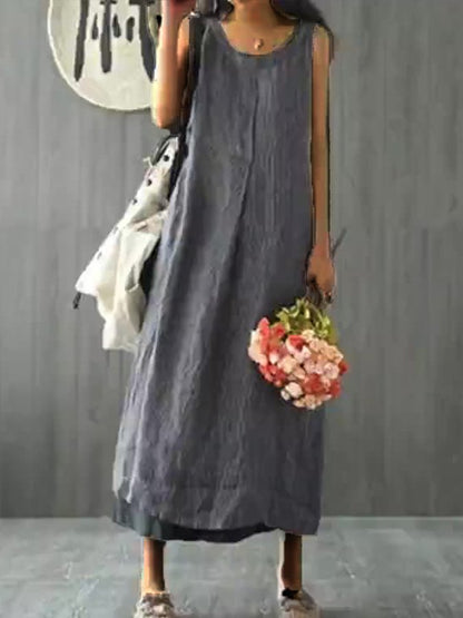 Casual Women's Sleeveless Solid Cotton-Linen Dress with Round Neck