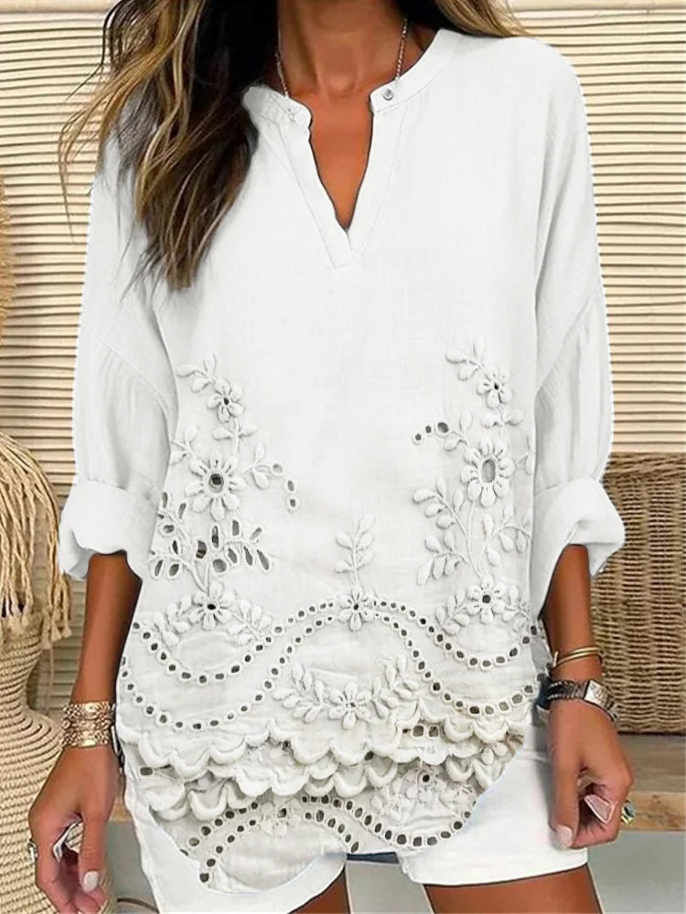 Floral Lace Trim Linen Blend Cottage Tunic