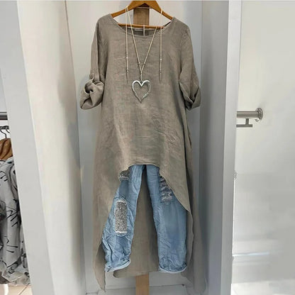 Casual Solid Color Long Shirt with Asymmetrical Hem