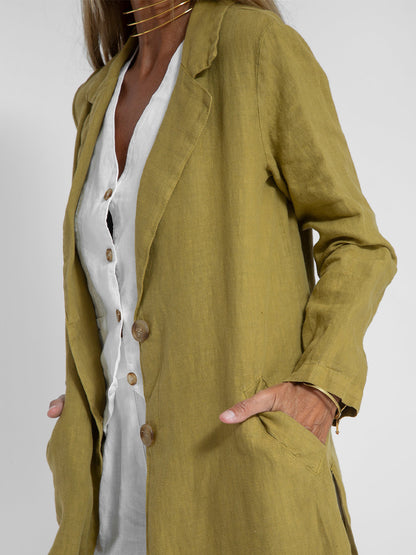 Chic Olive Green Linen Frock Coat for Women