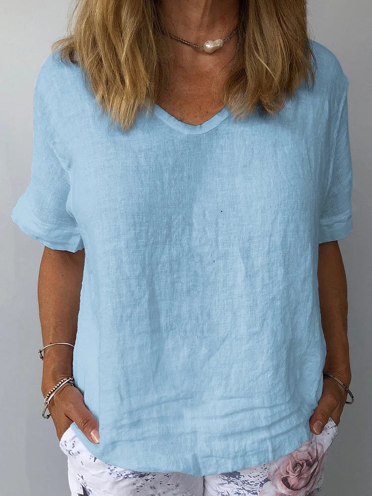 Casual Short Sleeve Cotton Shirt for Women in Solid Colors