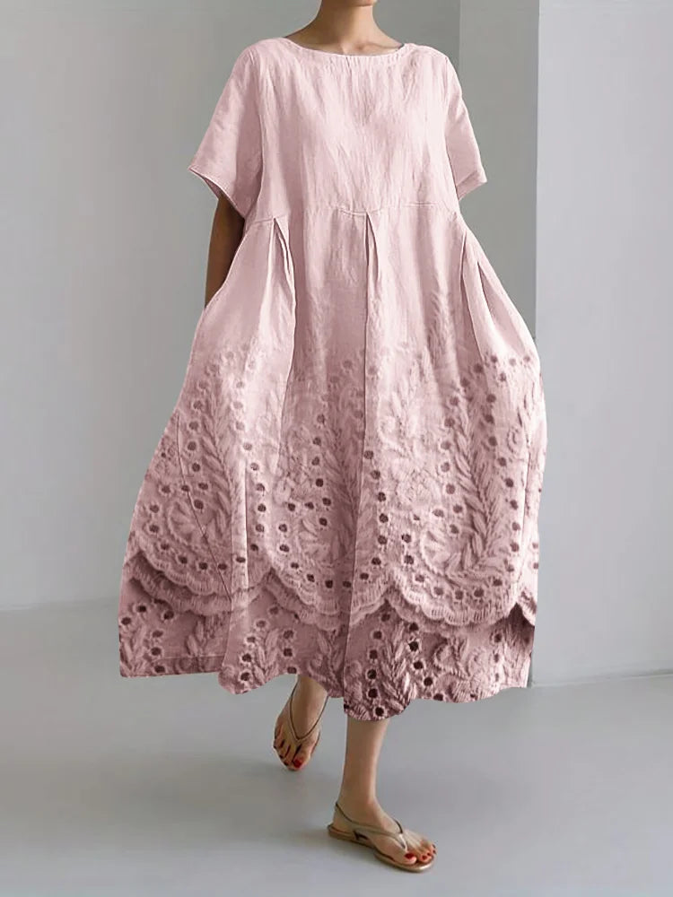 Floral Lace Trimmed Linen Blend Maxi Dress with Cottage Charm