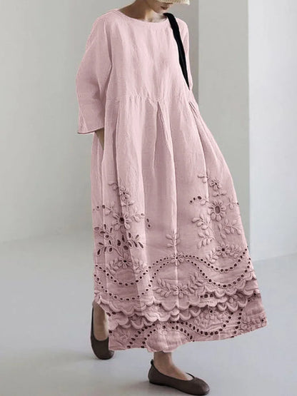 Floral Embroidered Lace Trim Ankle-Length Linen Maxi Dress