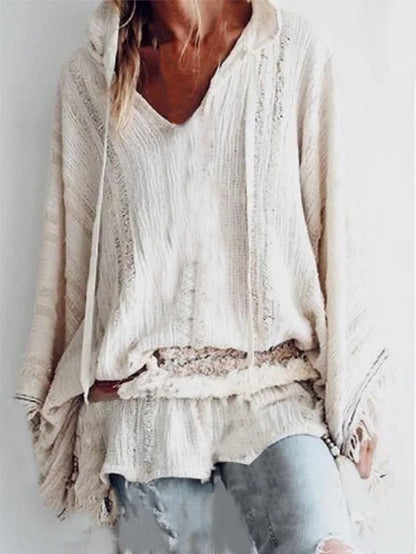 Laid-Back Fringed V-Neck Hooded Long Sleeve Top