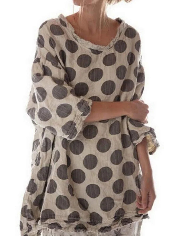 Retro Polka Dot Frayed Hem Oversized Tunic