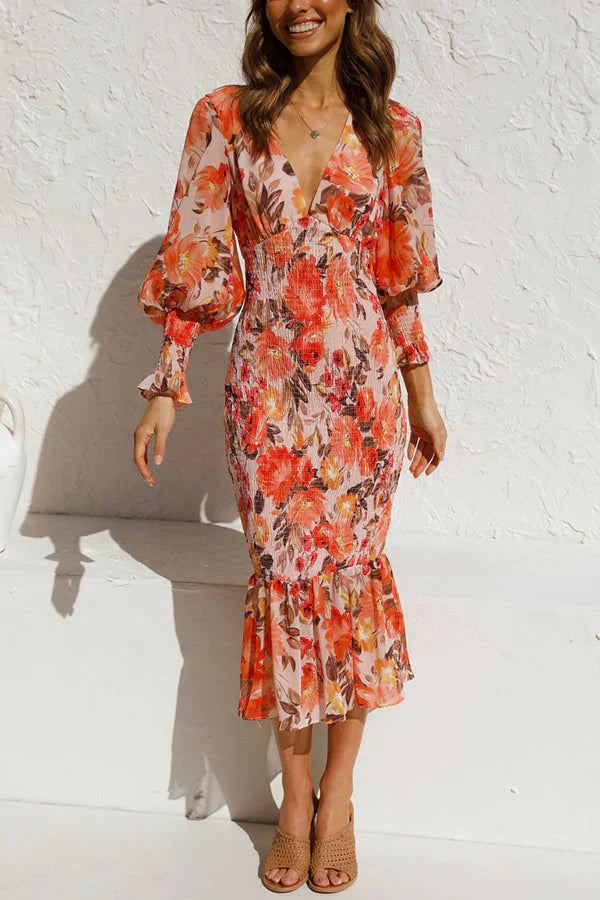 Danille - Ruching dress with batwing sleeves in floral print