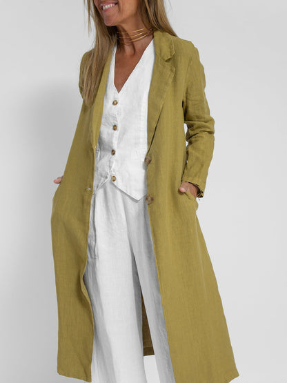 Chic Olive Green Linen Frock Coat for Women