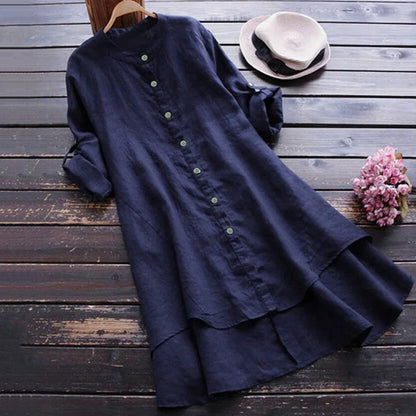 Retro Inspired Button-Up Cotton Linen Midi Dress