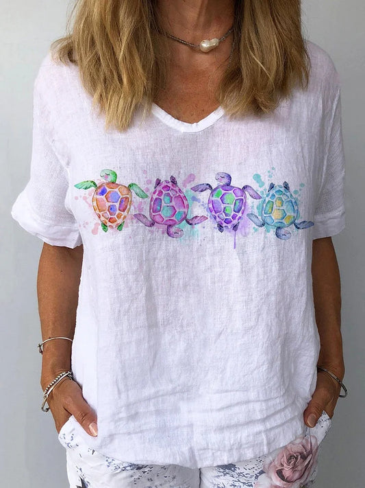 Women's Casual Cotton Linen Top with Sea Turtle Print for Summer