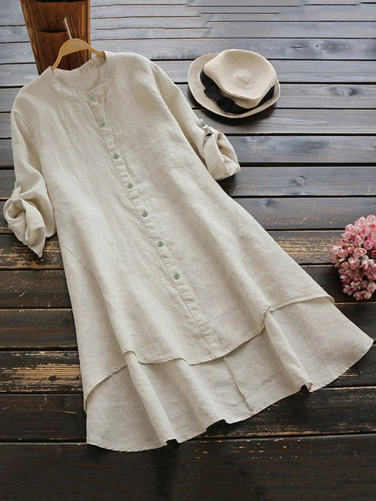 Retro Inspired Button-Up Cotton Linen Midi Dress