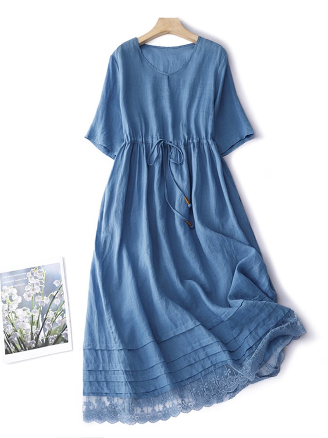 Casual Women's Solid Color Dress with Lace Accents and Pockets