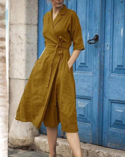 Proctor - Elegant Linen Dresses with Turn Down Collar and Lace Accents